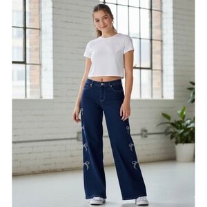 NWT GOGO JEANS Wide Leg Dark Wash Denim Jeans with Rhinestone Bows Size 11/30